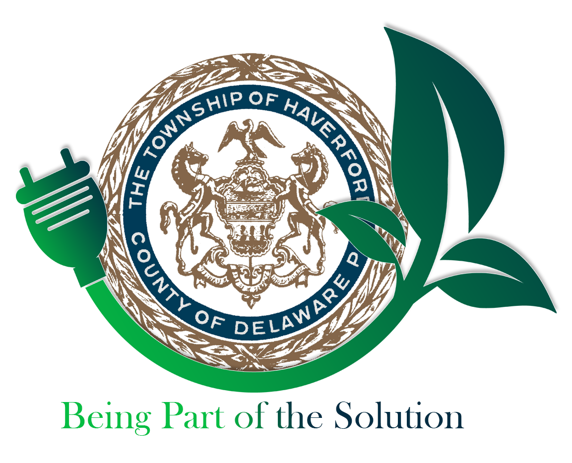 Haverford Township seal with a power cord morphing into a leaf with a green to blue gradient